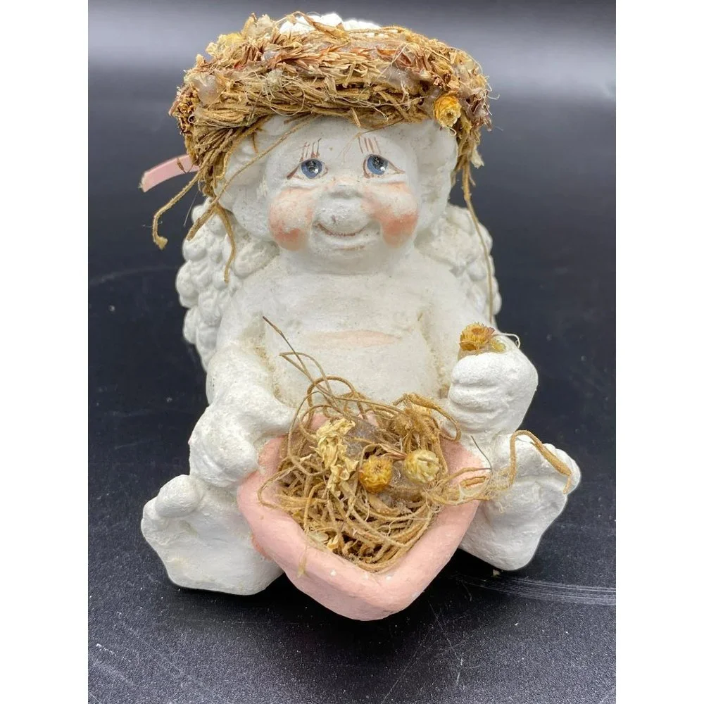 Vintage Dreamsicles Sitting Cherub Figurine Kristin Signed Cast Art Stone Angel